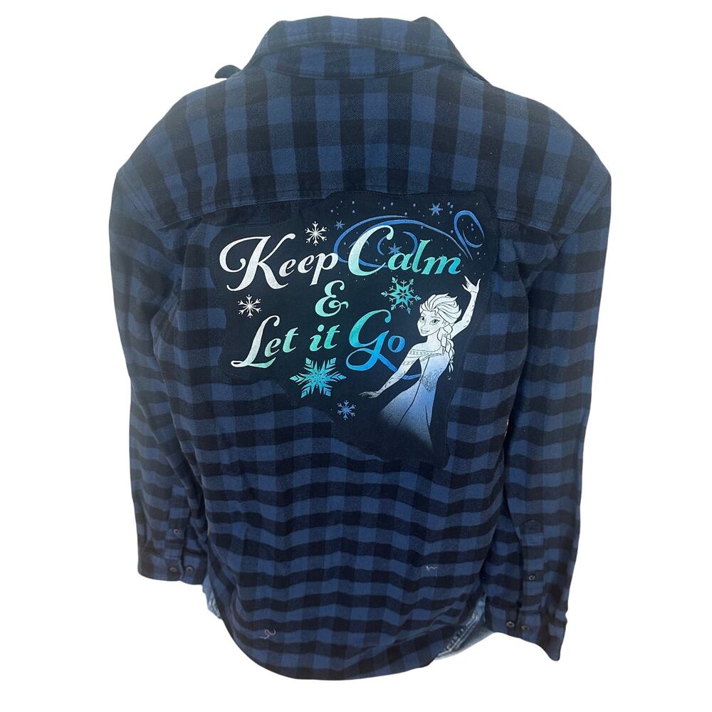 Frozen Flannel Plaid Shirt LARGE Oversized Unique Keep Calm & Let It Go Disney